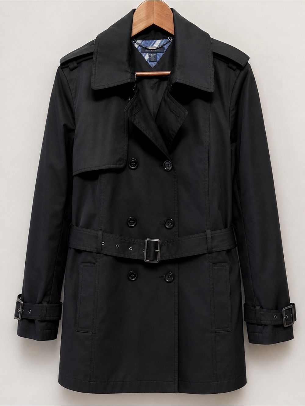 Tommy Hilfiger Womens XL Black Belted Trench Coat Quiet Luxury